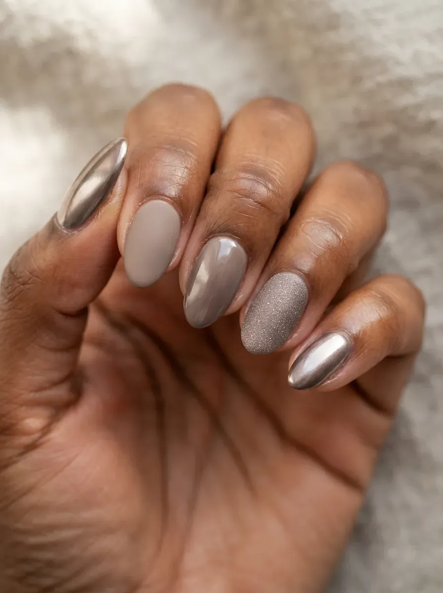 Close-up of almond nails in taupe with matte gloss chrome finishes