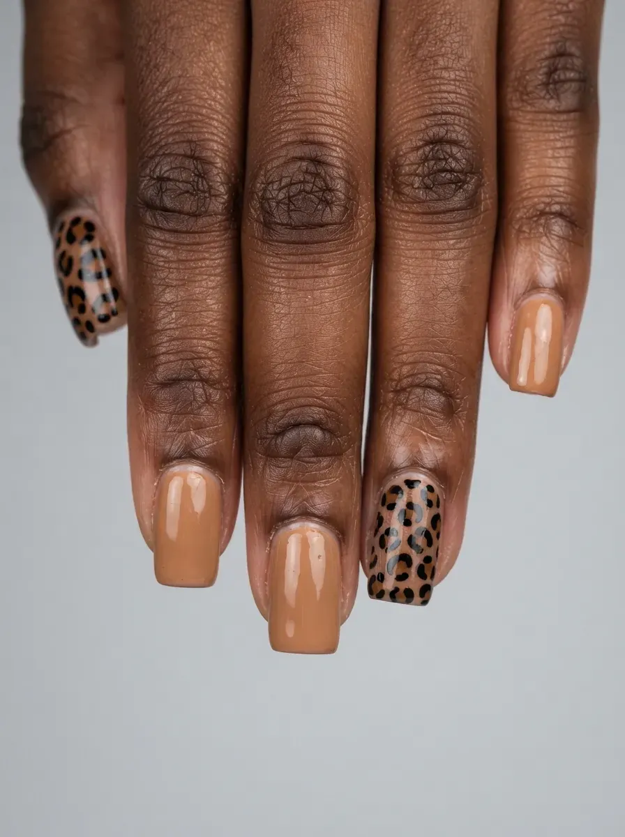 Close-up of square nails in tan with leopard print accent nails