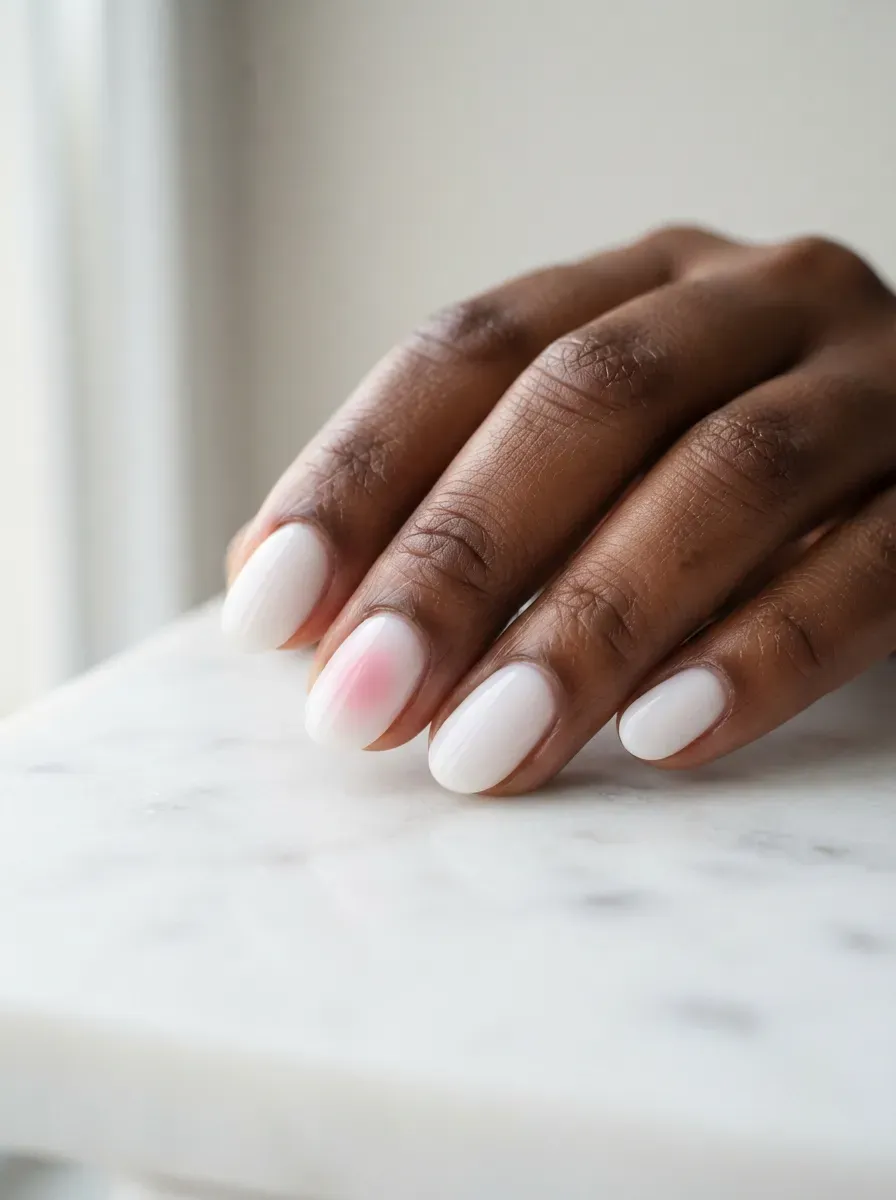 Close-up of oval nails in milky white with pink aura accent nails