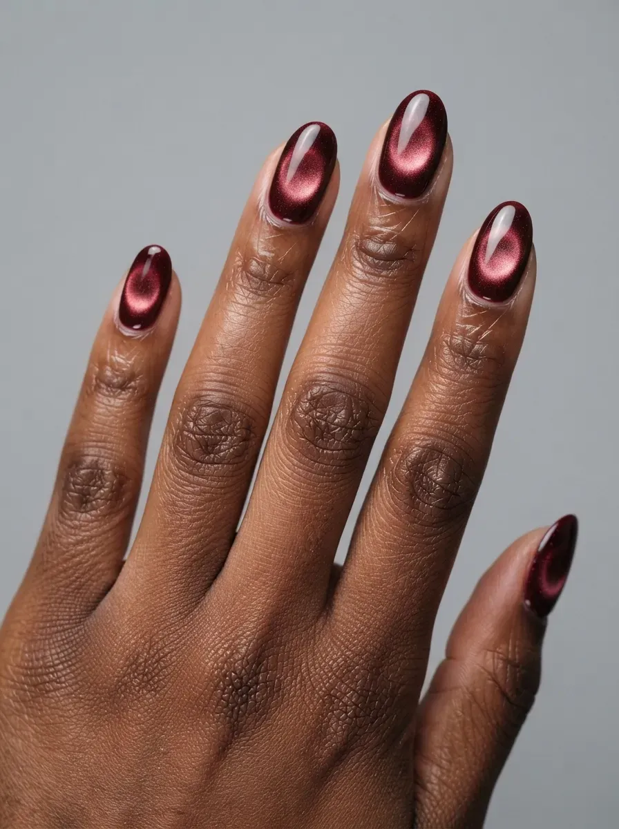 Oval nails with bordeaux cat-eye polish and soft glowing aura center on deep chestnut skin