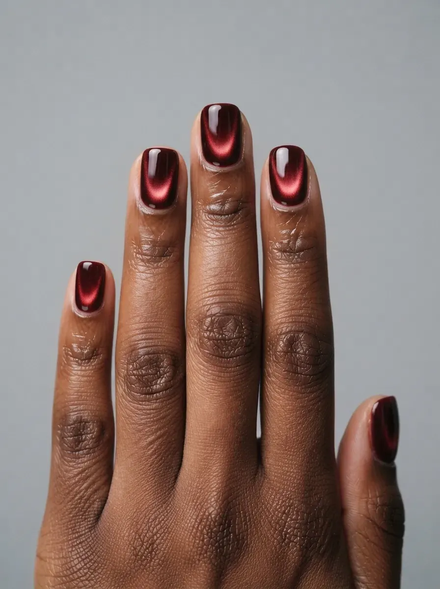 Short squoval nails with oxblood cat-eye polish and glowing aura center on deep chestnut skin