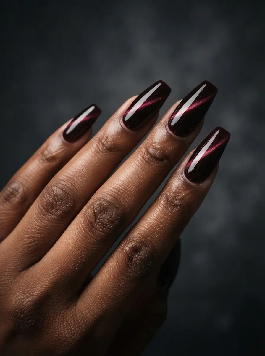 Coffin nails with black cherry cat-eye polish and diagonal stripe on rich dark skin
