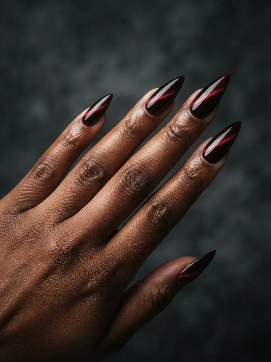 Stiletto nails with black cherry cat-eye polish and diagonal stripe on deep chestnut skin