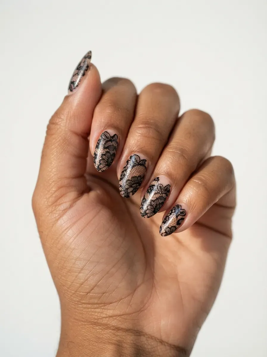 Close-up of almond nails with black lace over nude polish on warm brown skin