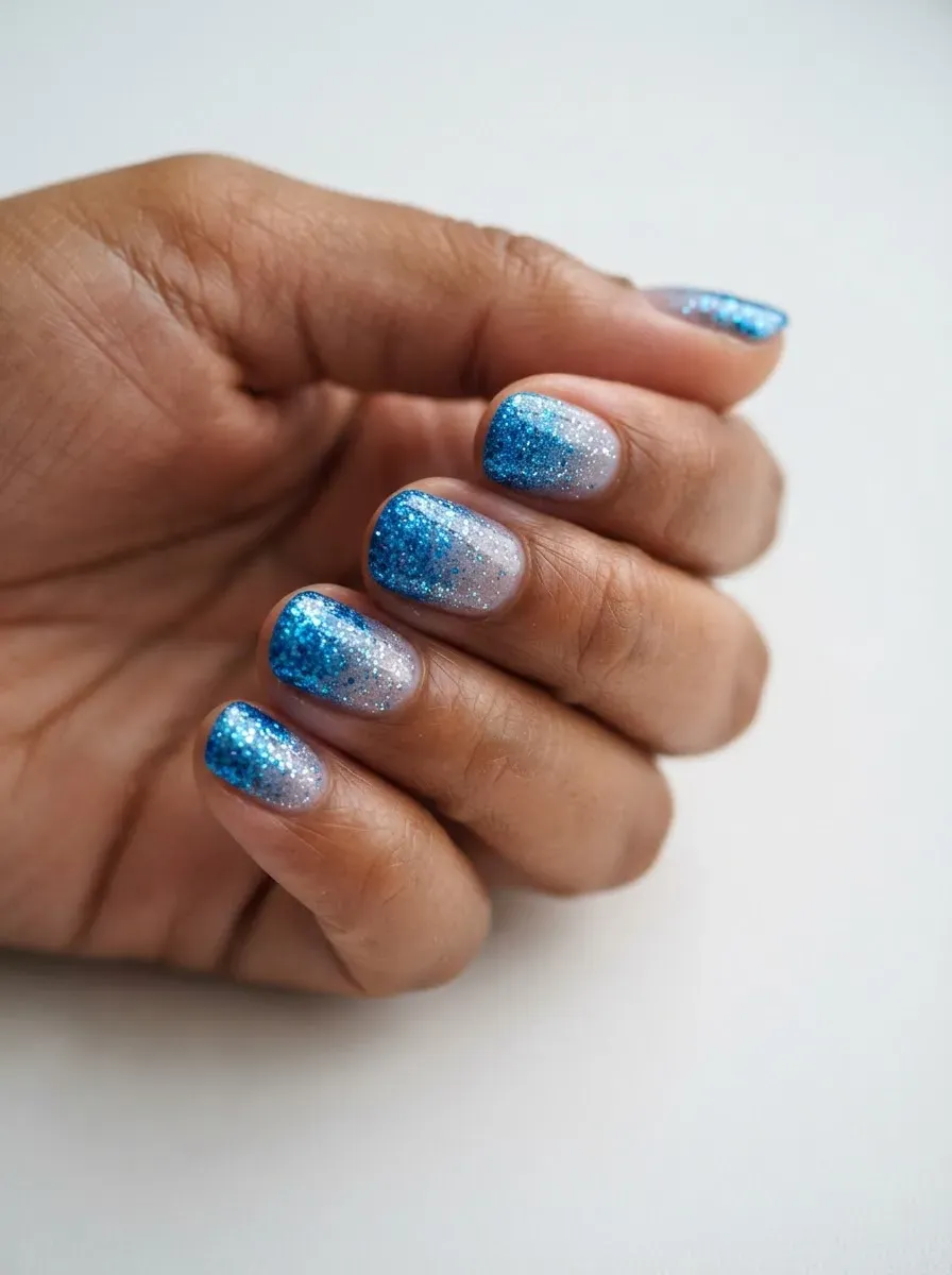 Close-up of nails with blue glitter gradient on brown skin and warm undertones