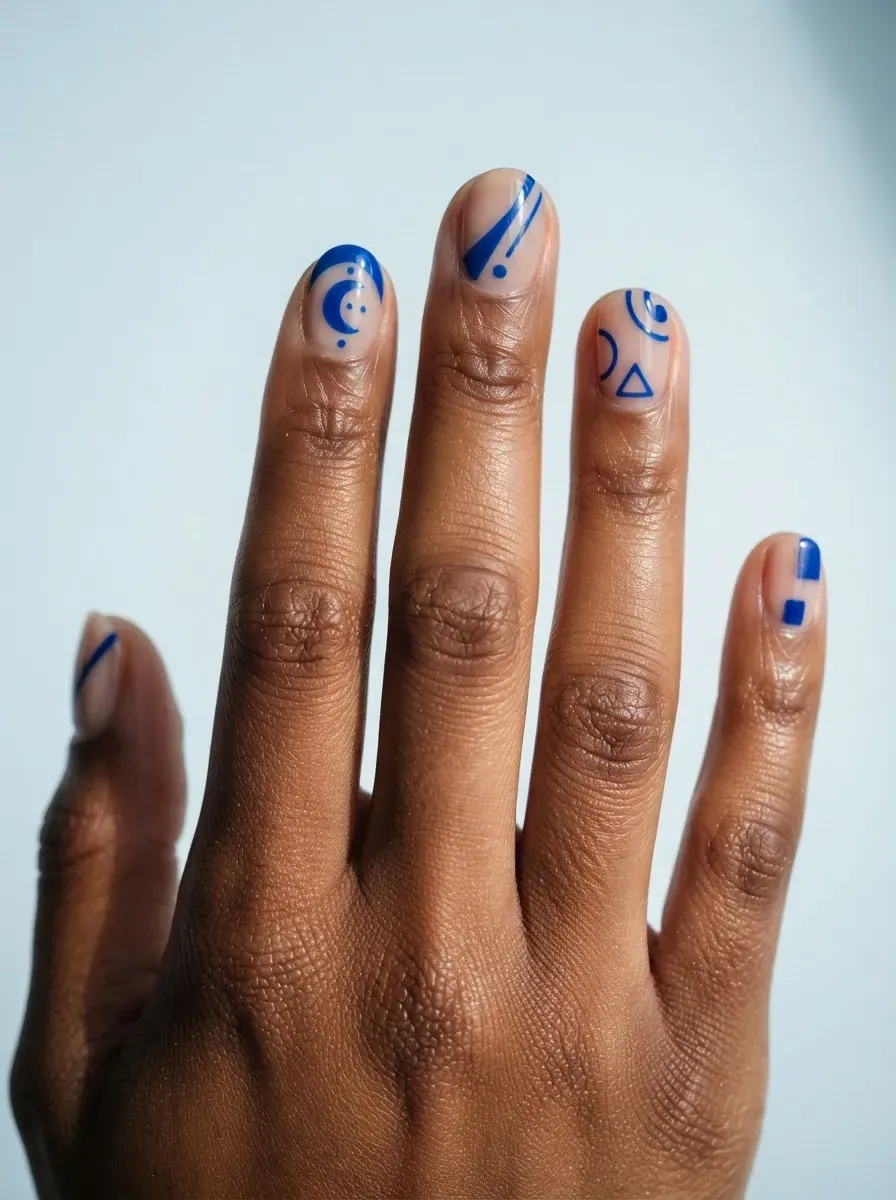 Close-up of short nails with blue negative space art on brown skin with warm undertones