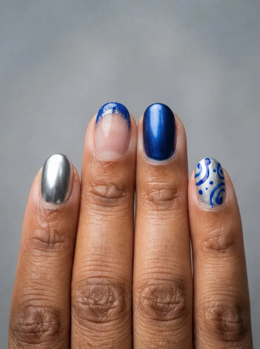 Close-up of nails in blue and silver mixed set on warm brown skin