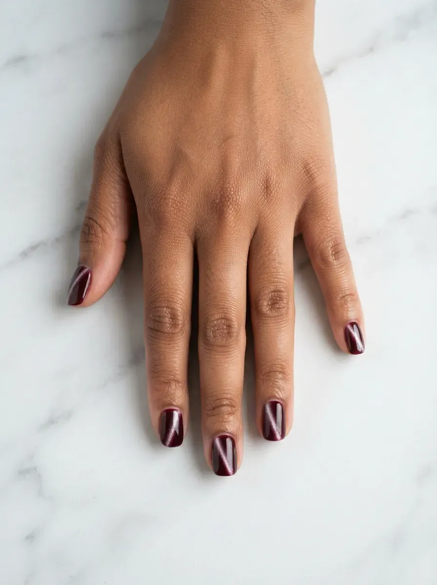 Short squoval nails with burgundy cat-eye polish and bright center stripe on warm brown skin