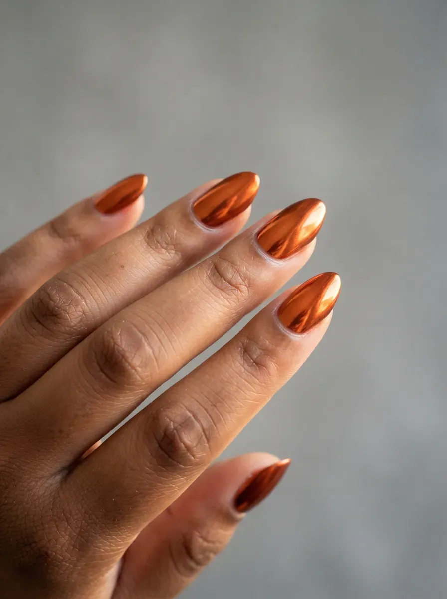 Close-up of medium almond nails with burnt orange chrome finish on deep brown skin