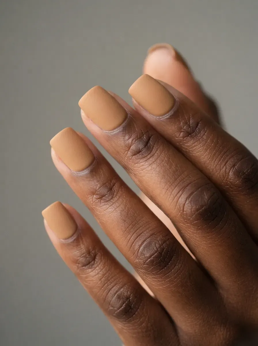 Close-up of short square nails in matte camel suede polish on rich dark skin