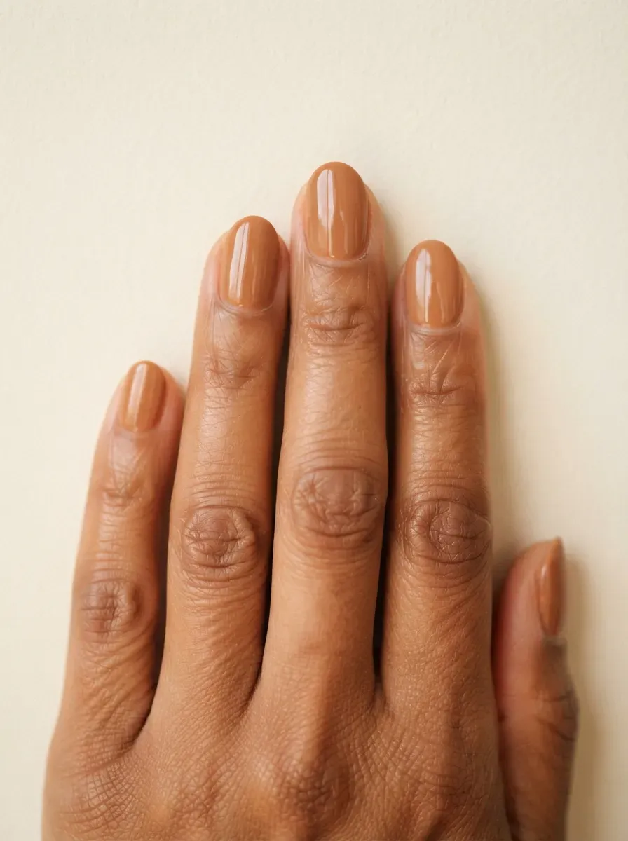 Close up of short oval nails in warm caramel nude polish with glossy finish