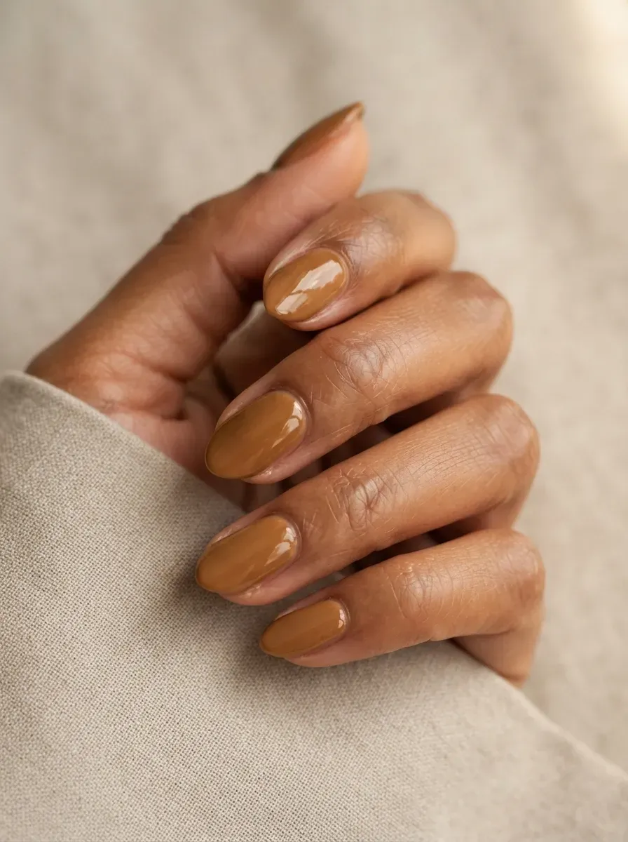 Close up of short almond nails with caramel nude glossy polish on warm brown skin