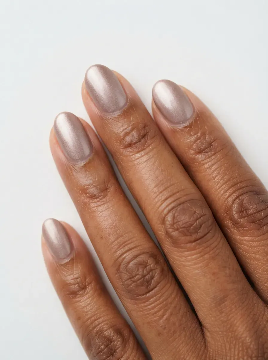 Close-up of short almond nails with soft taupe velvet shimmer on warm brown skin