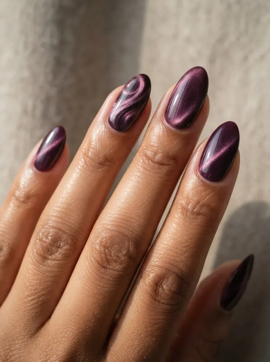 Close-up of almond nails in deep plum with magnetic cat-eye accent nails