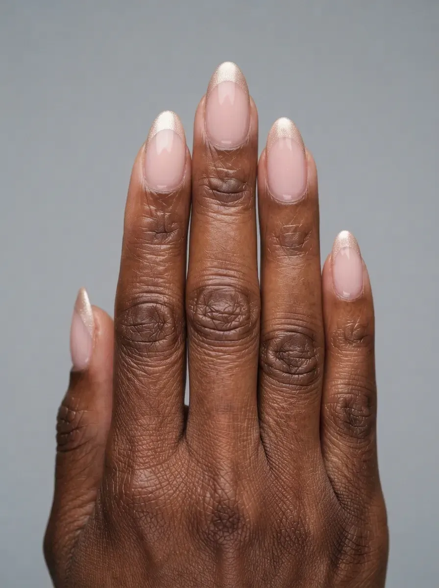 Close up of almond nails with sheer base and champagne shimmer French tips