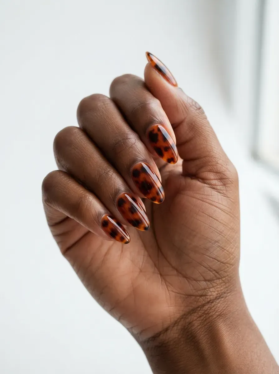Close-up of medium square nails with charcoal gray cat-eye magnetic polish on rich dark skin