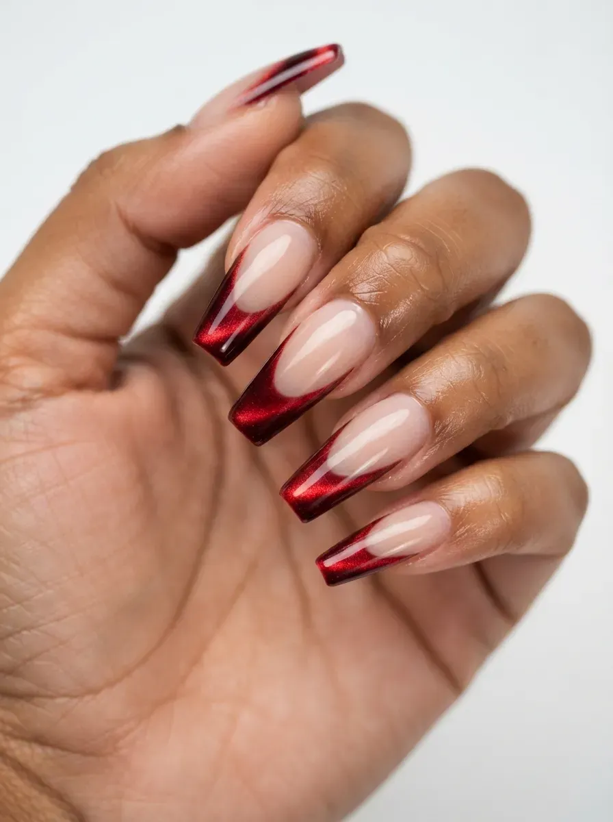 Coffin nails with sheer base and cherry cola cat-eye french tips on warm brown skin