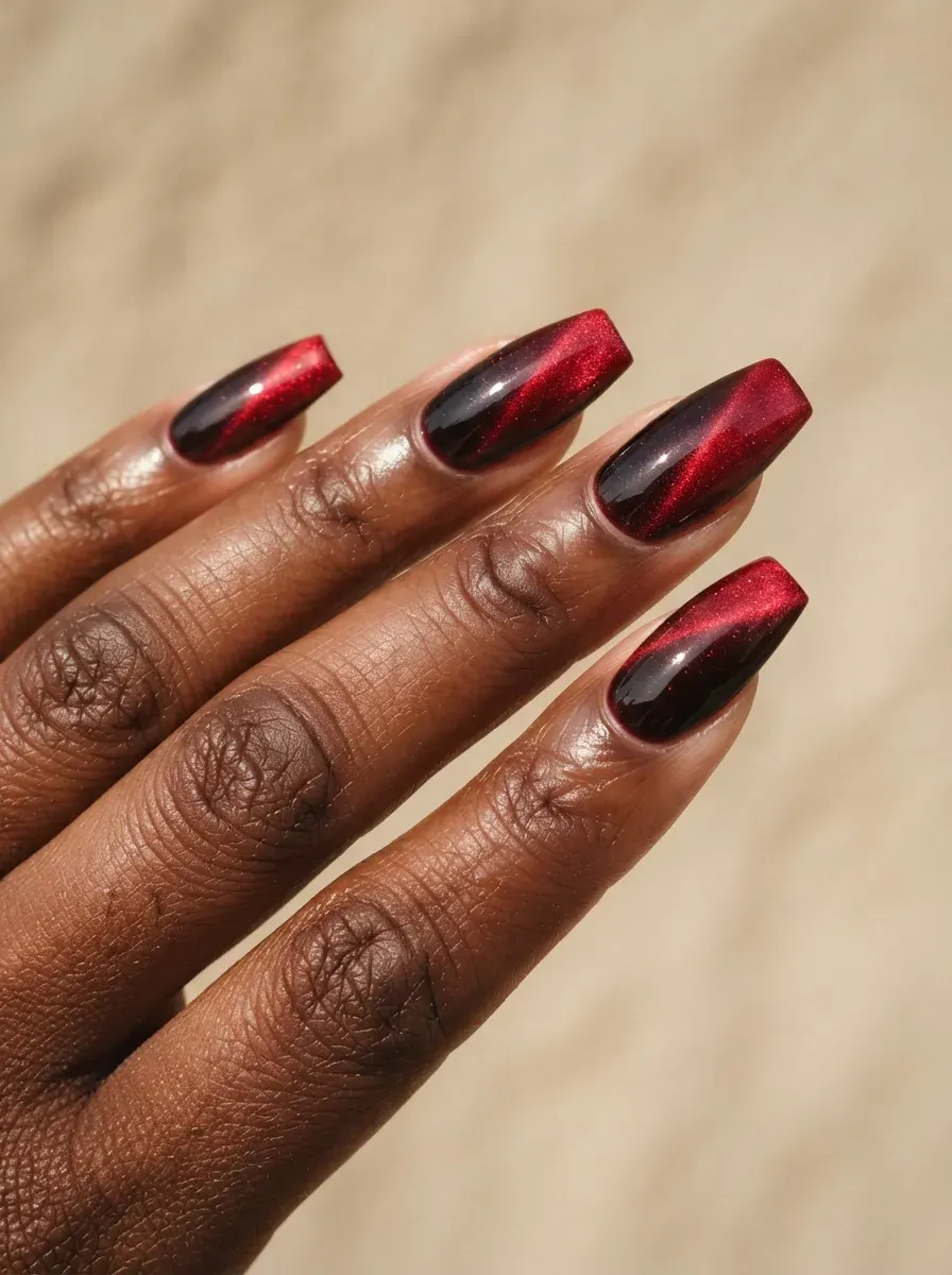 Coffin nails with cherry cola cat-eye polish fading dark to bright on deep chestnut skin