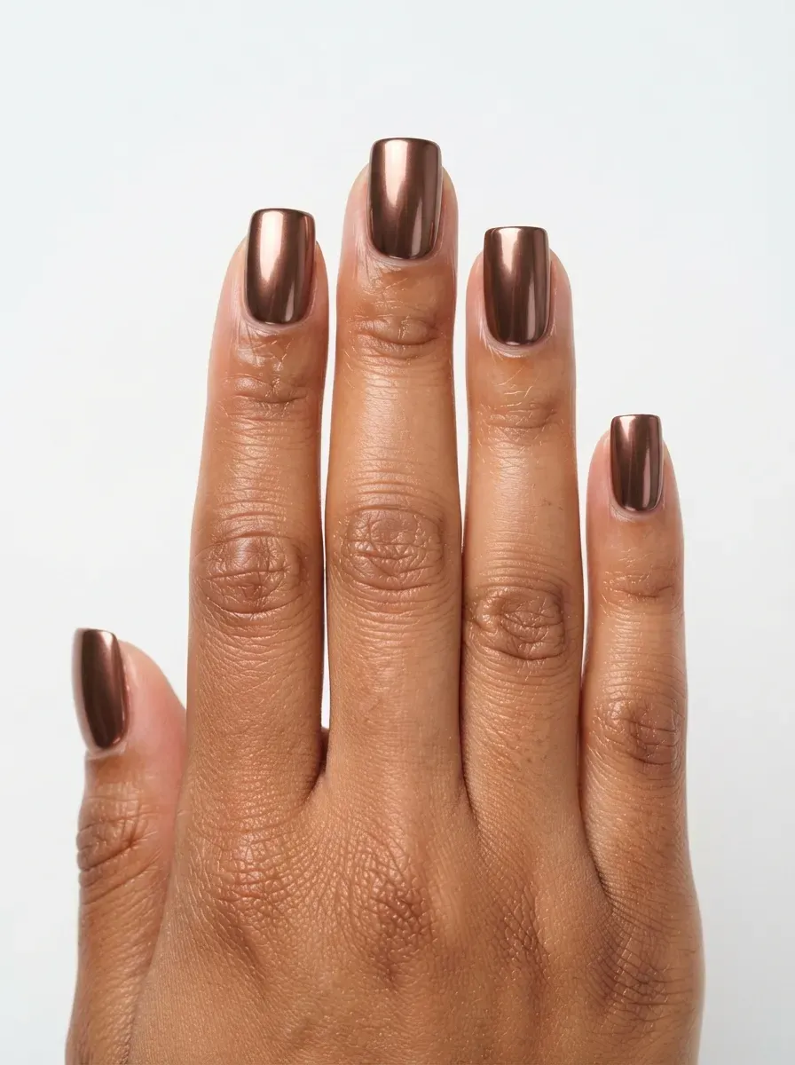 Close-up of medium square nails with chestnut brown chrome finish on deep brown skin