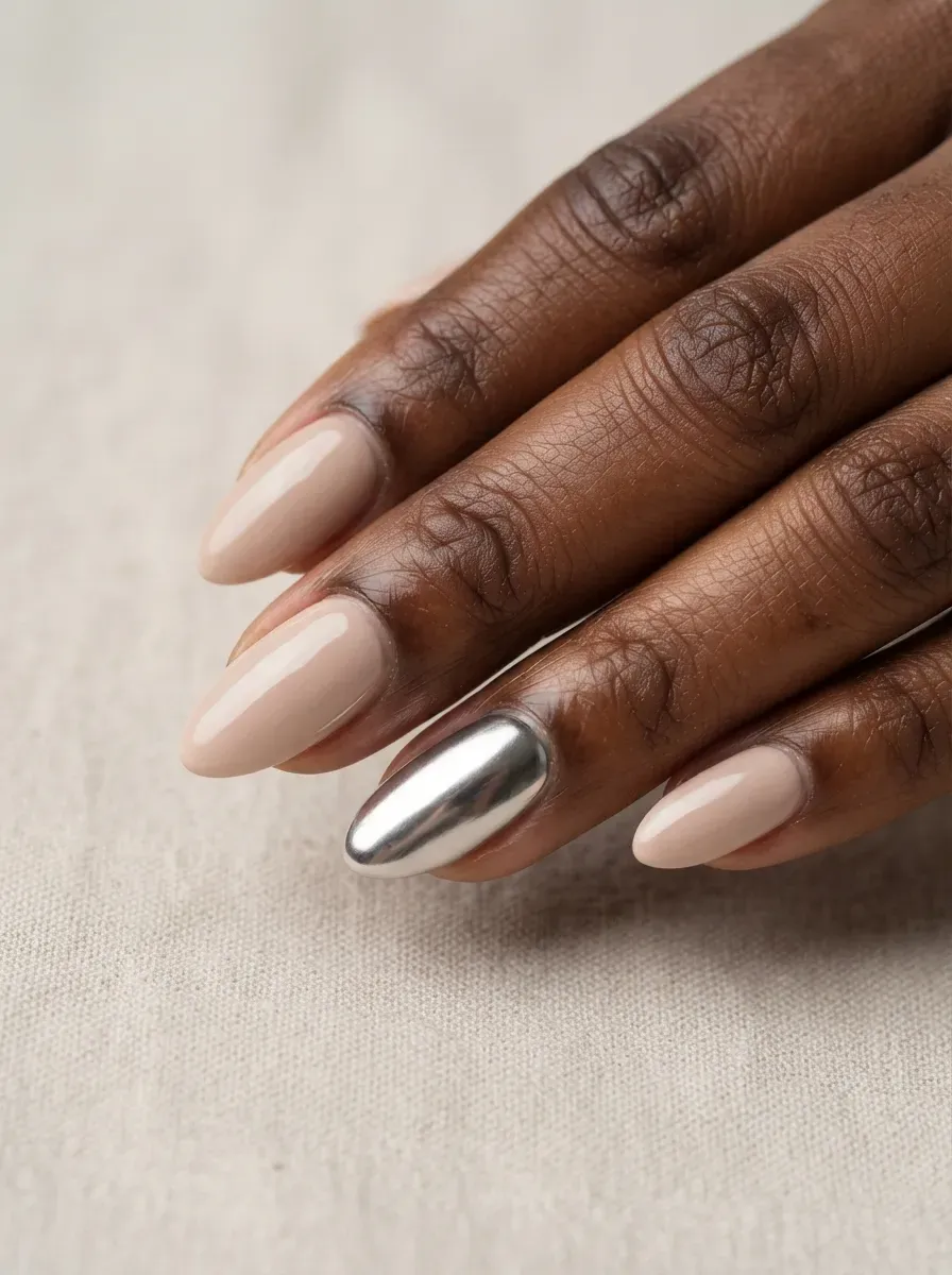 Close-up of almond nails in beige with one silver chrome accent nail