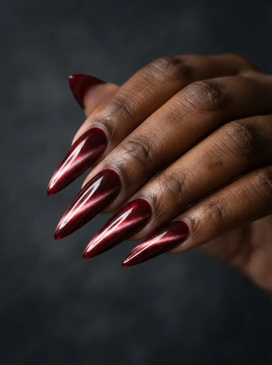 Stiletto nails with chrome garnet cat-eye polish and bright flashing stripe on deep brown skin