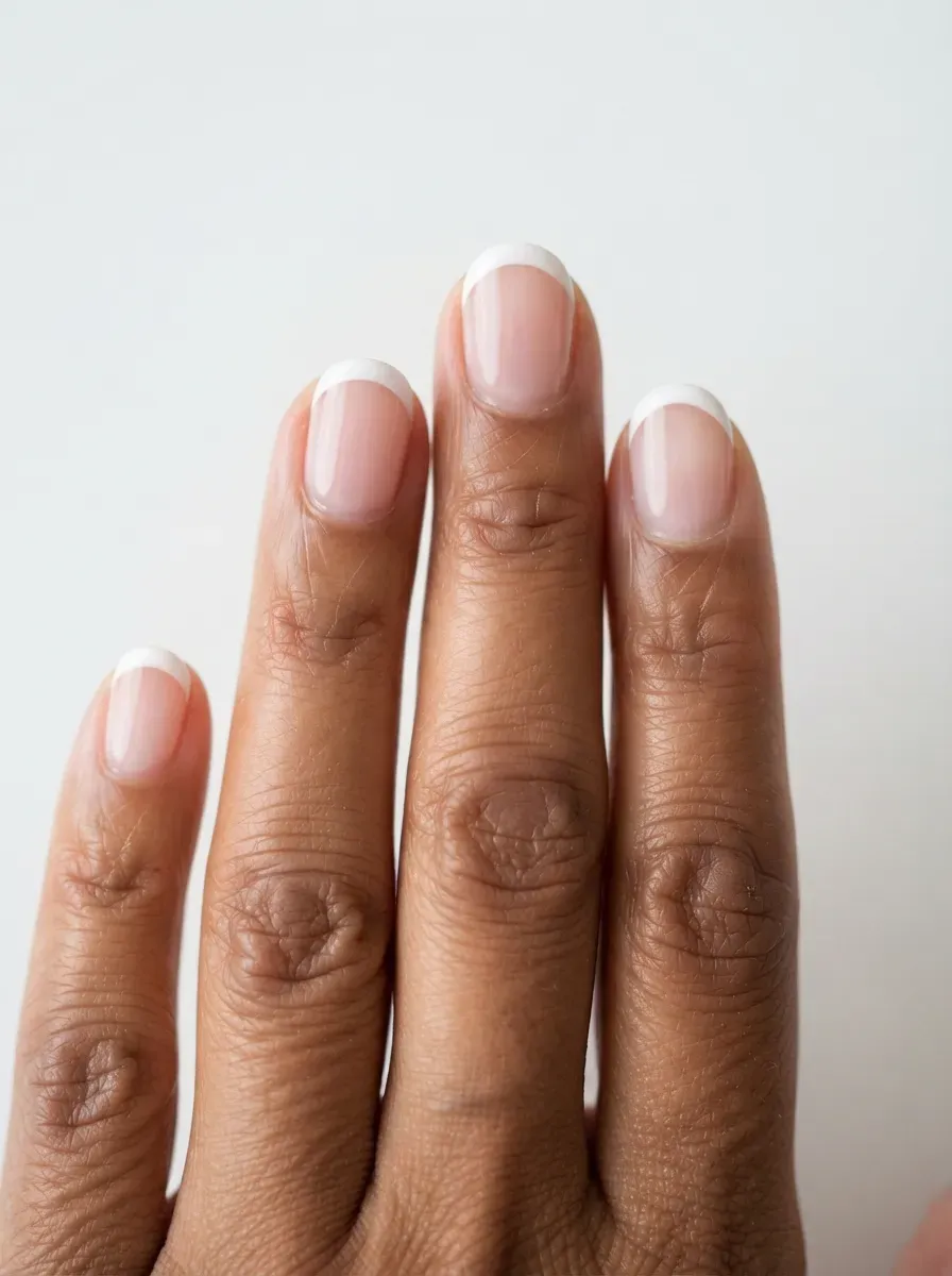 Close up of short oval nails with pink base and white tips on warm brown skin