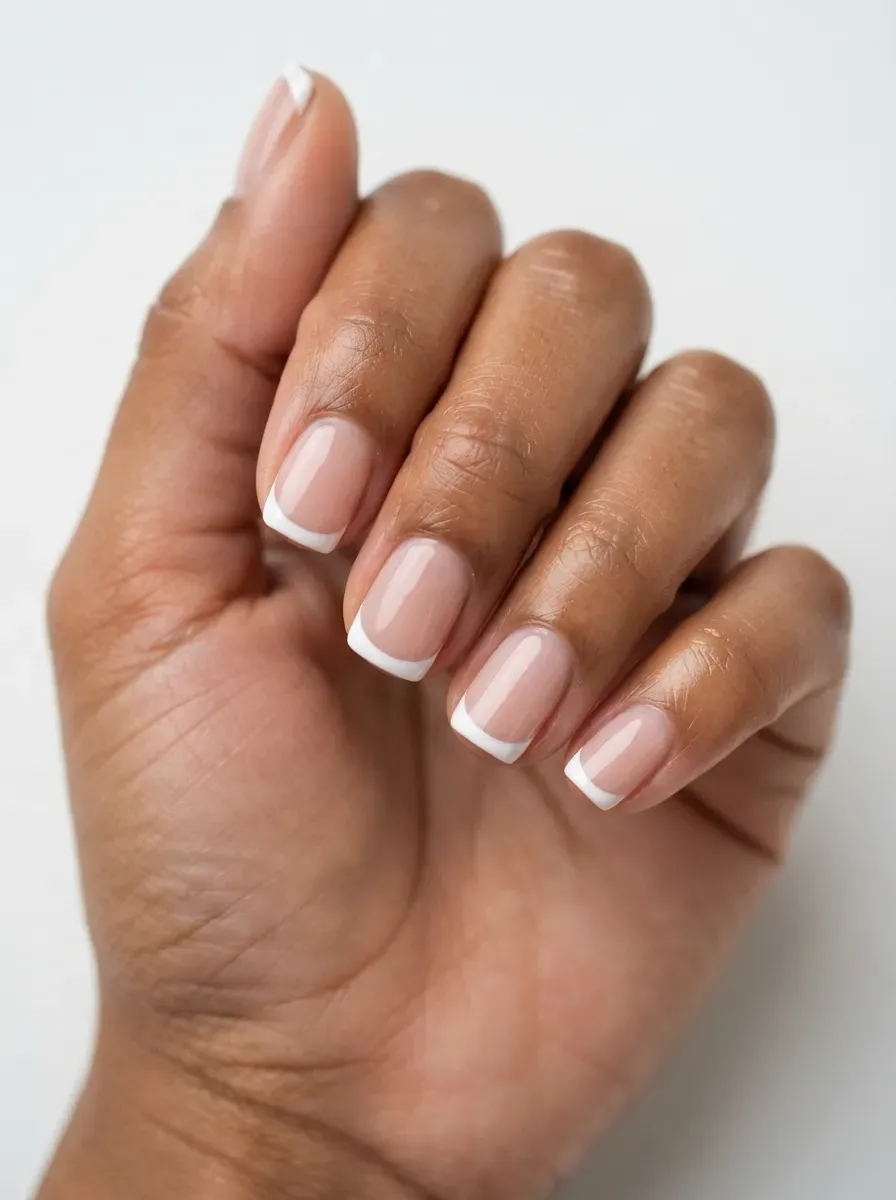 Close up of short squoval nails with classic french tips on brown skin with warm undertones