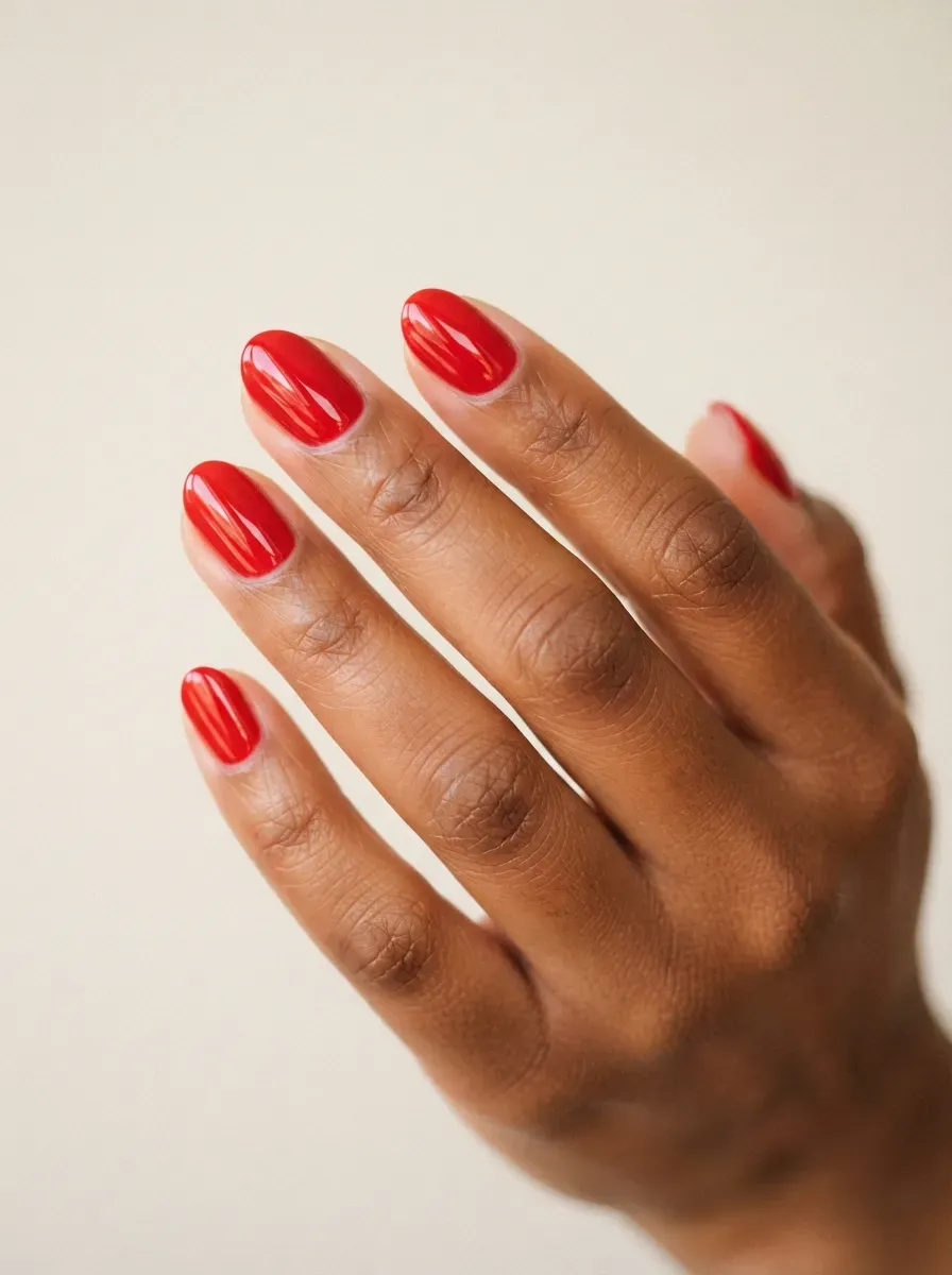 Close up of short almond nails with classic red polish on warm chestnut skin
