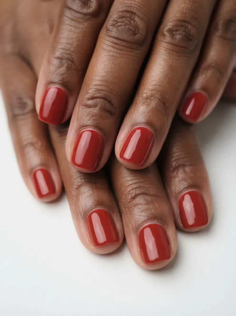 Close up of short squoval nails in warm classic red polish with glossy finish