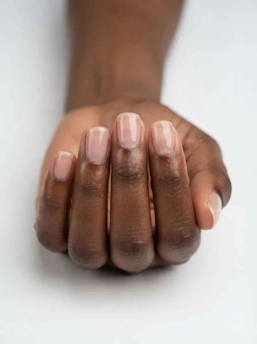 Close up of short squoval nails with clear glossy polish on deep brown skin