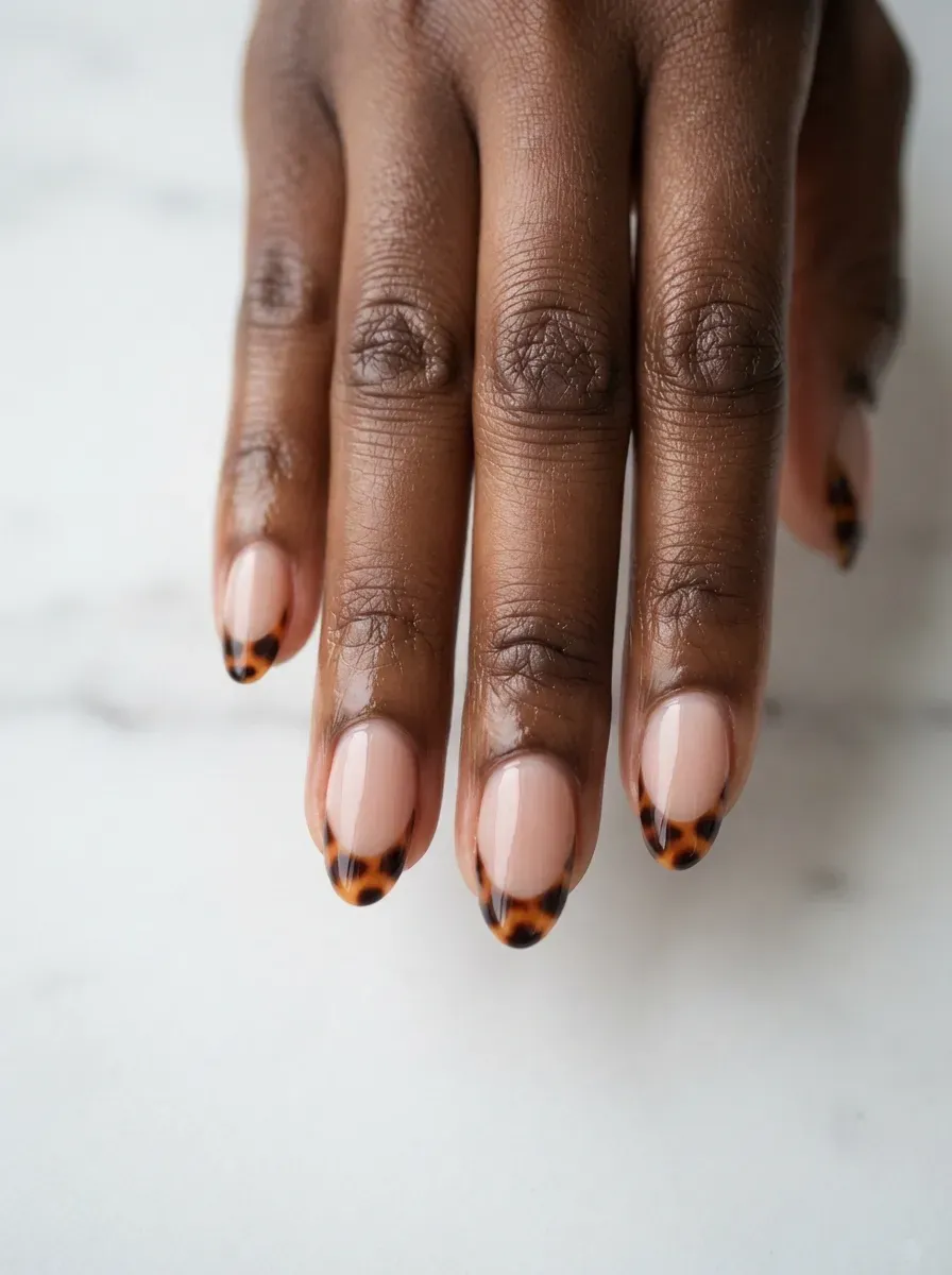 Close-up of short almond nails with cocoa tortoiseshell french tips on warm brown skin