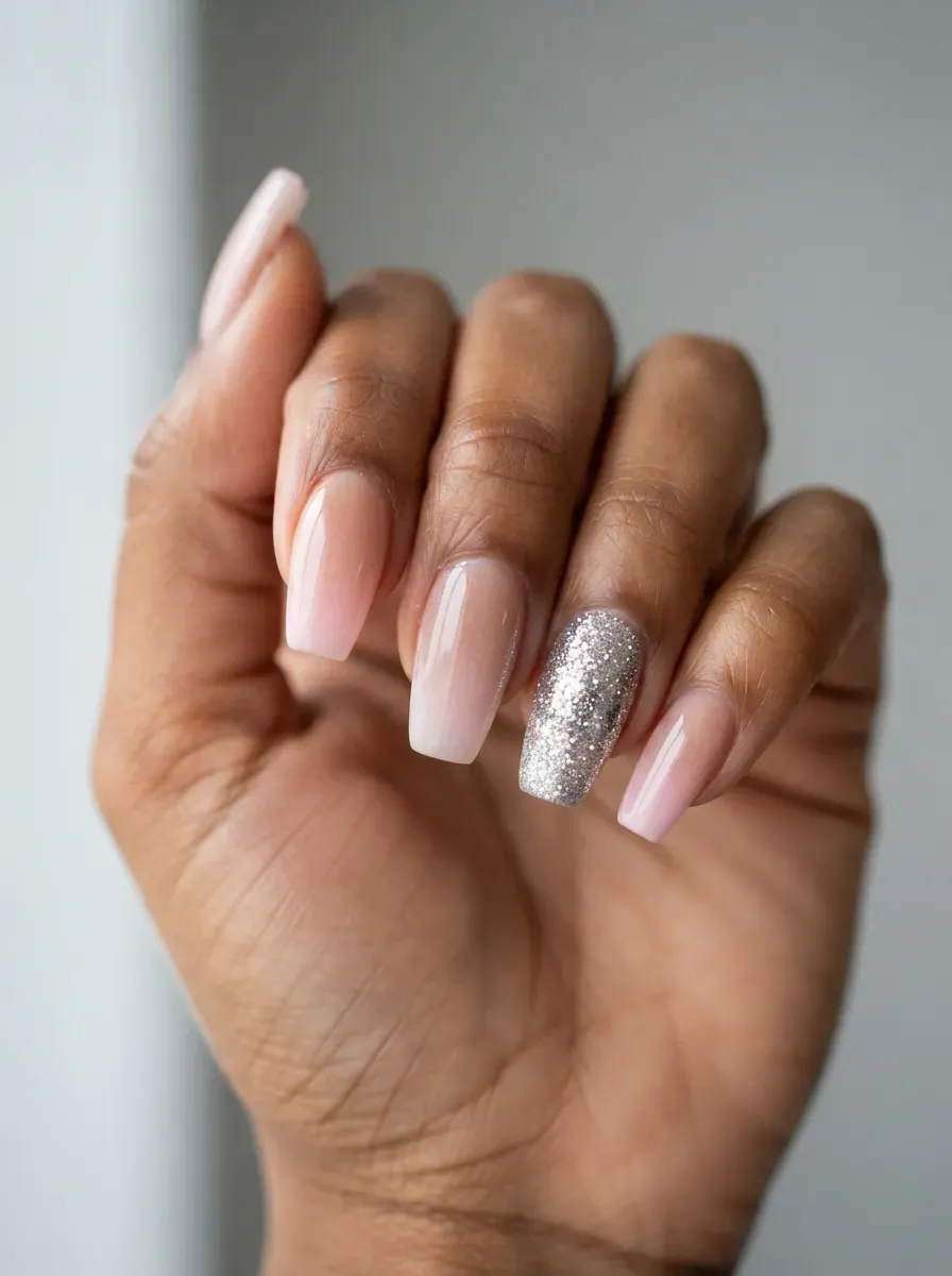 Close-up of coffin nails with ombre fade and glitter accent nails