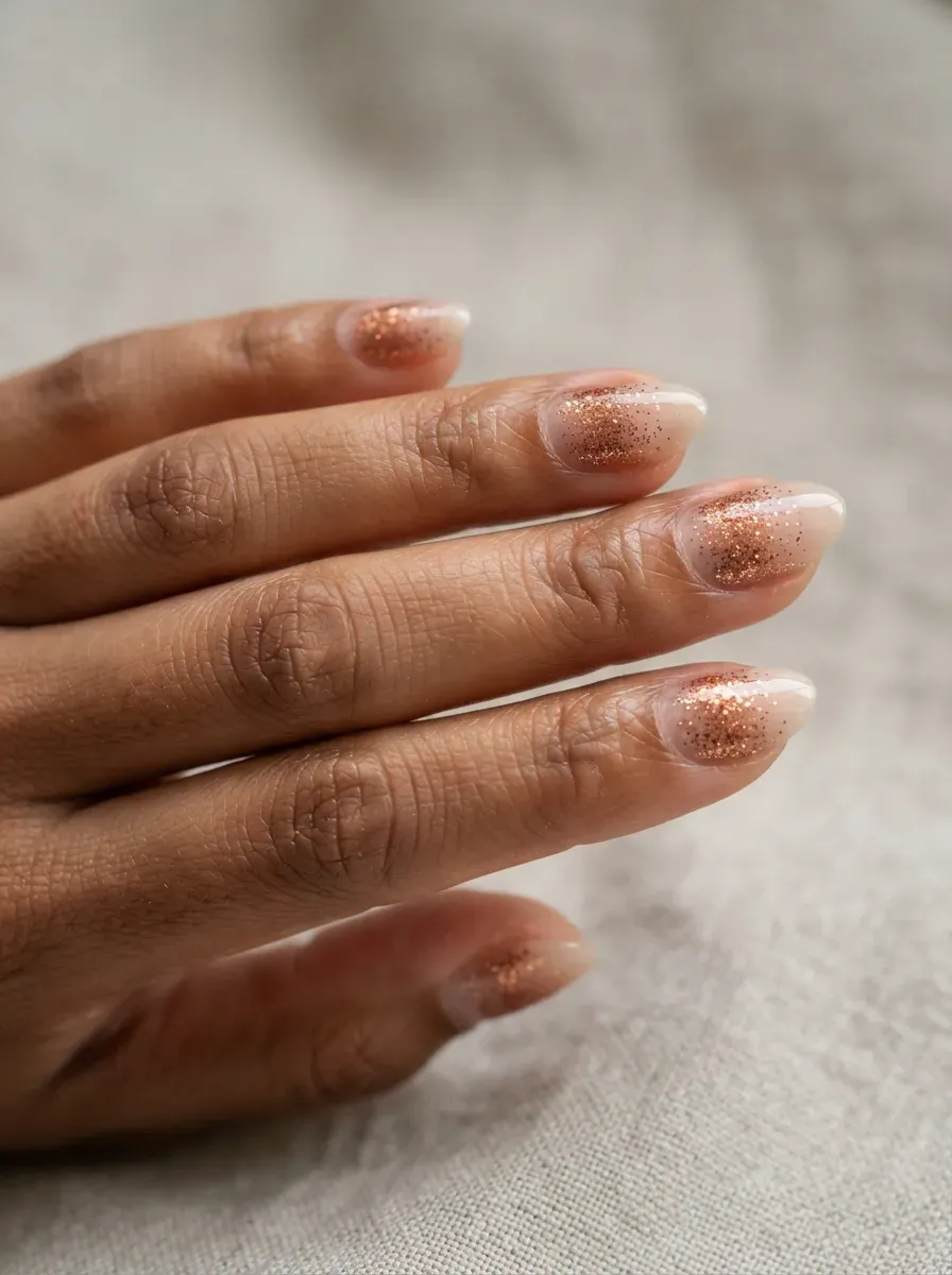 Close-up of short almond nails with copper glitter cuticles on brown skin