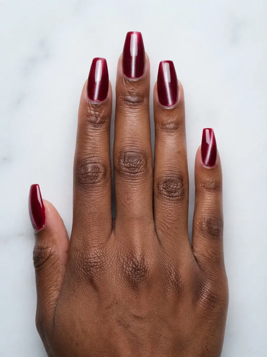 Coffin nails with cranberry cat-eye polish and bright center stripe on rich dark skin