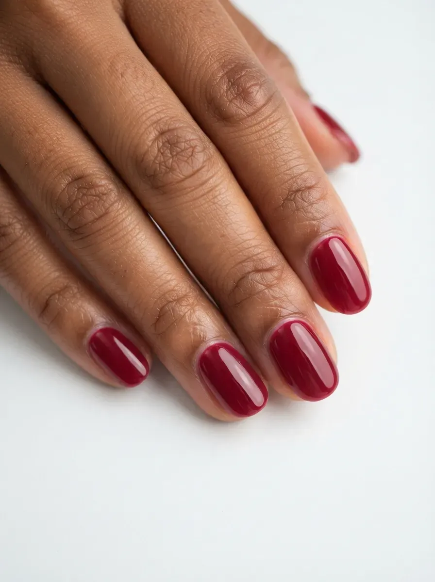 Close-up of medium round nails with cranberry jelly gloss polish on brown skin
