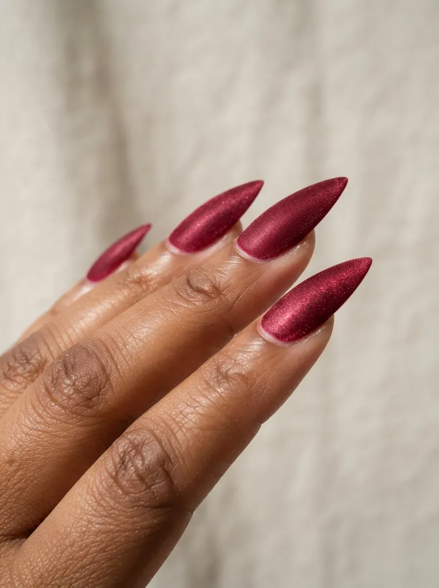 Close-up of long stiletto nails with cranberry red velvet finish on deep brown skin