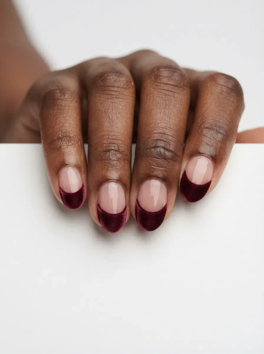 Close-up of short almond nails with deep burgundy velvet french tips on warm brown skin
