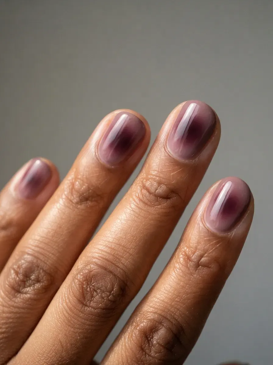 Close-up of medium round nails with deep mauve aura blending on brown skin
