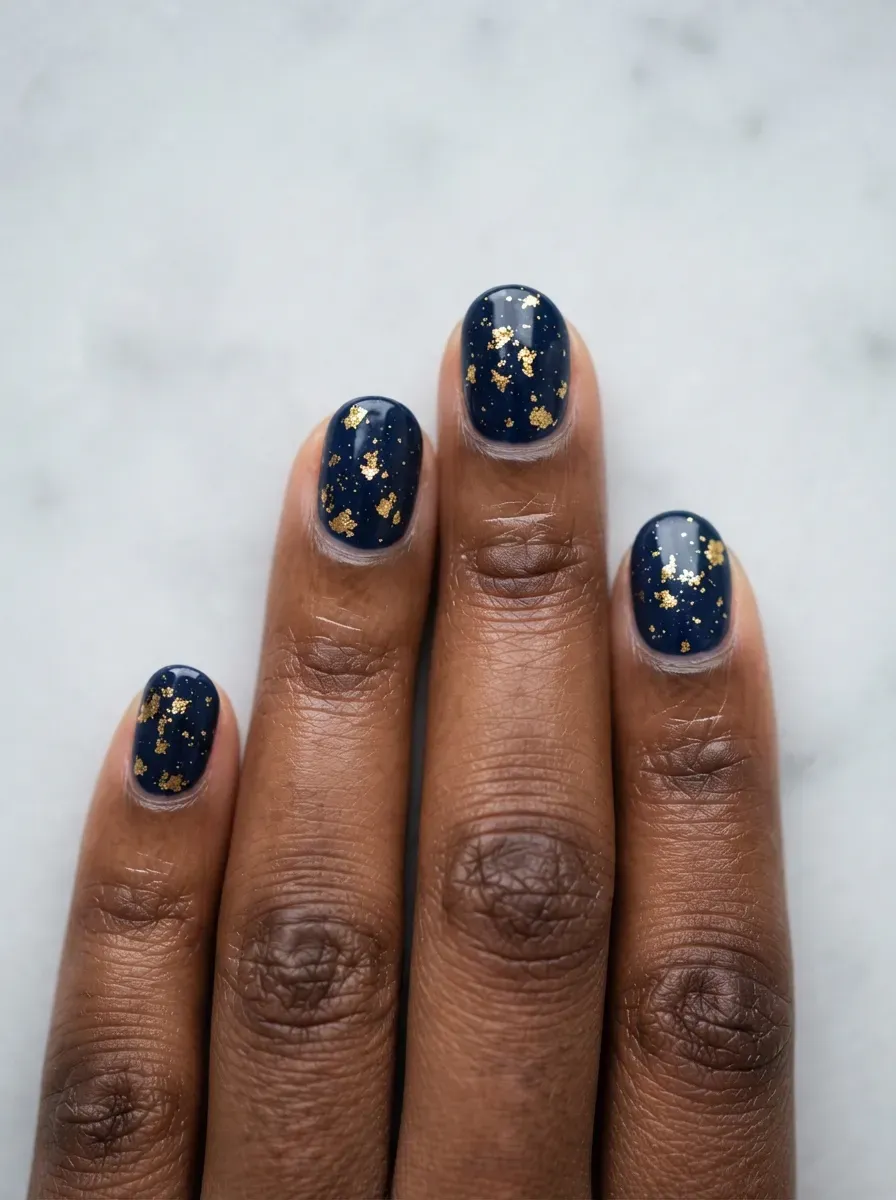 Close-up of medium round nails with navy polish and gold flakes on deep chestnut skin