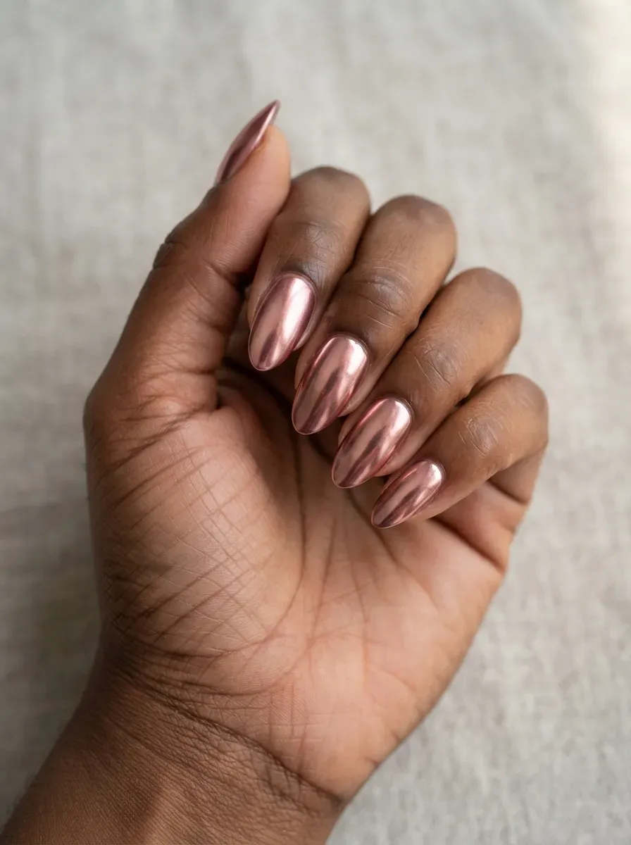 Close-up of medium almond nails with deep rose gold chrome finish on deep chestnut skin
