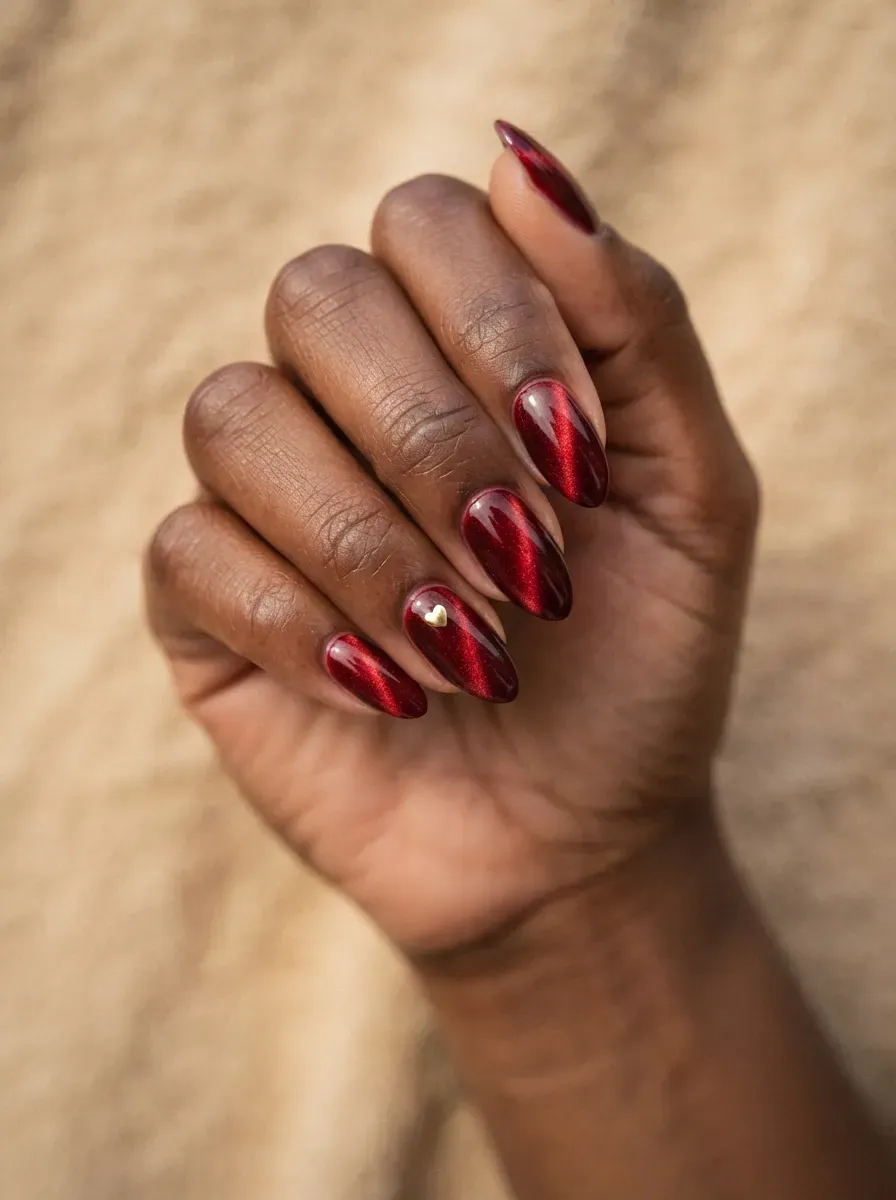 Almond nails with deep scarlet cat-eye polish and tiny heart accent on deep brown skin