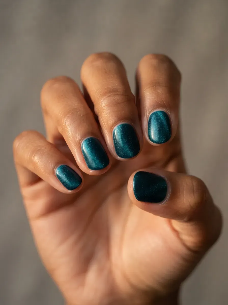 Close-up of short round nails with deep teal velvet finish on brown skin