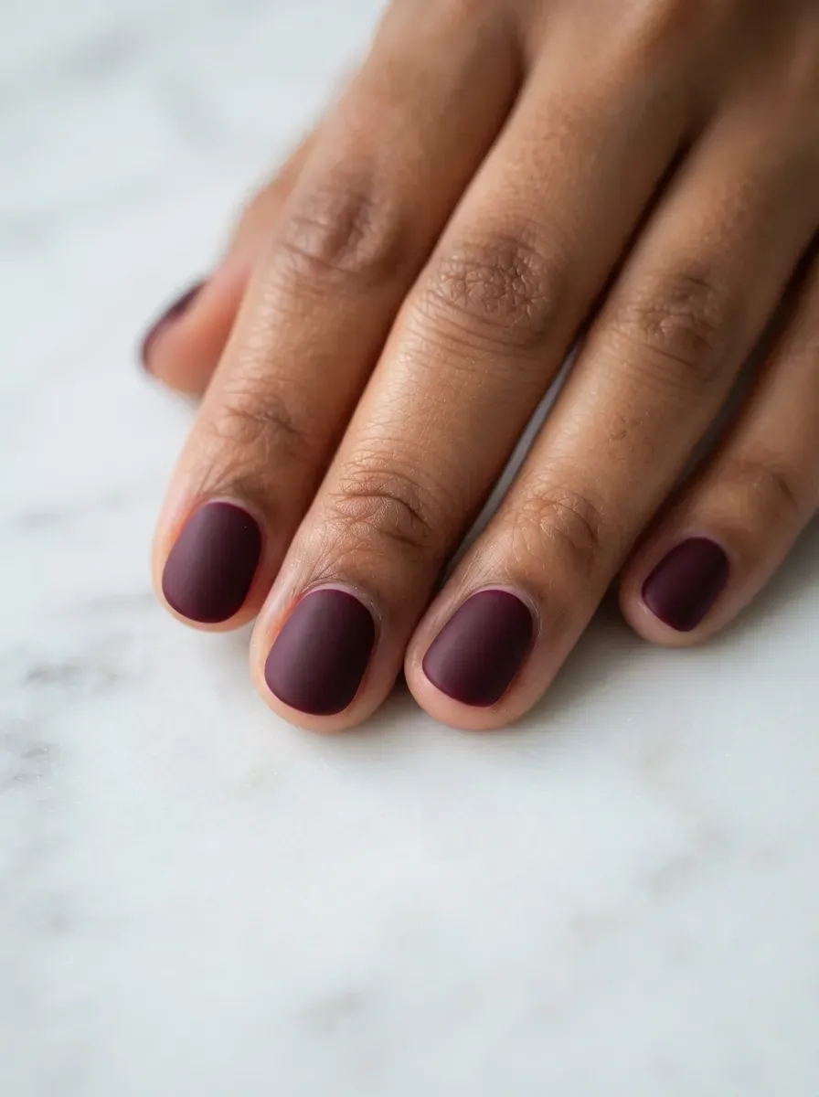 Close-up of short round nails with matte deep wine polish on brown skin