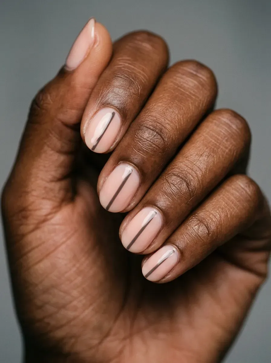 Short oval nails in blush with a thin deep taupe diagonal line