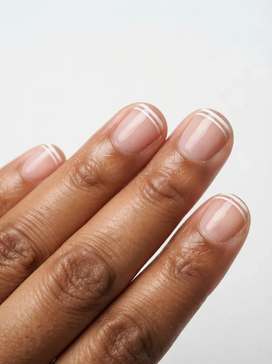 Close up of short nails with two fine parallel french tip lines on warm brown skin