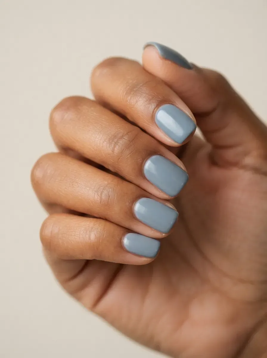 Close up of short squoval nails with dusty blue gray polish on warm chestnut skin