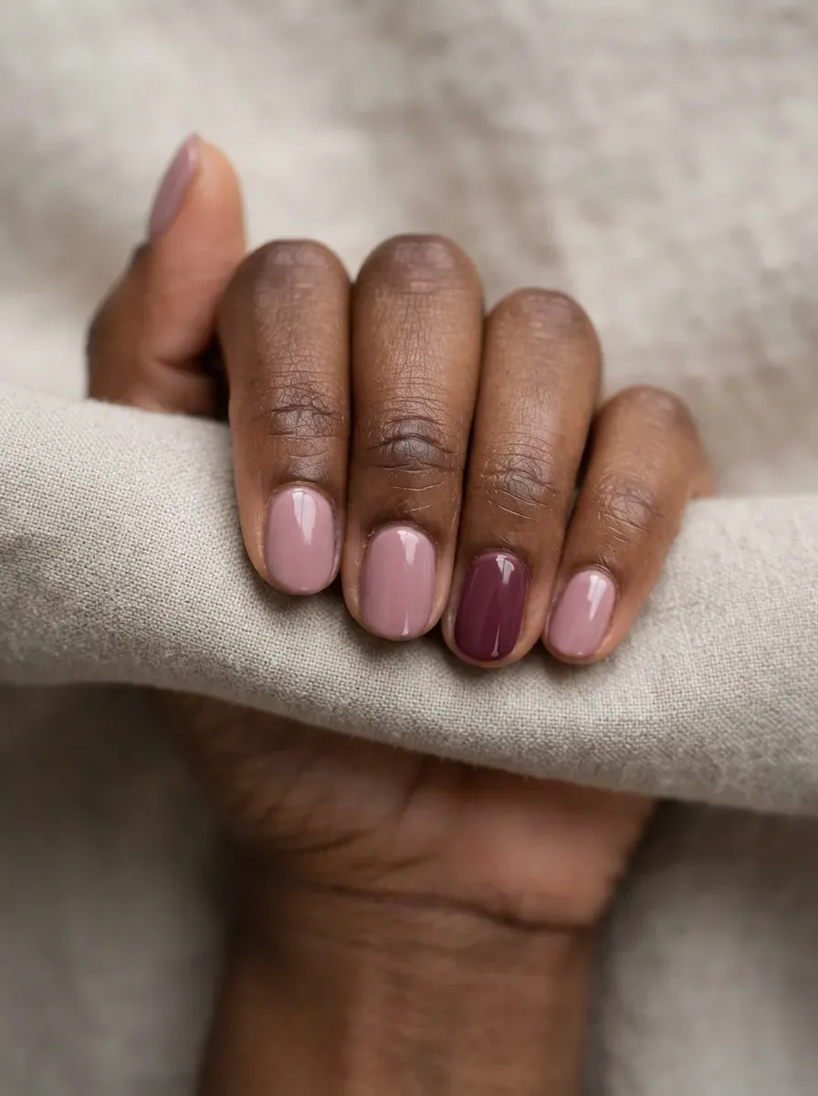 Close up of short dusty pink nails with one berry accent nail on rich dark skin