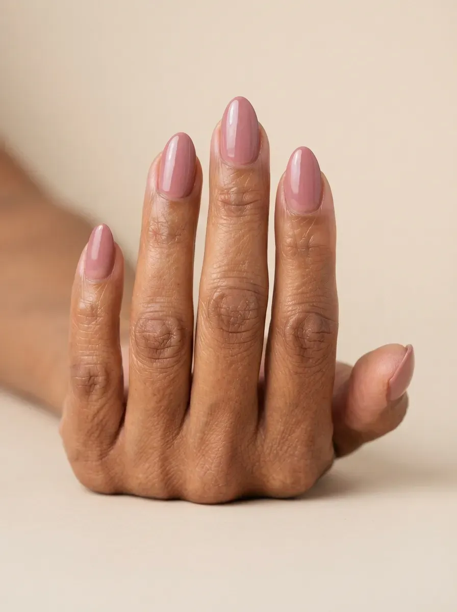 Close up of almond nails in dusty rose cream polish with glossy finish