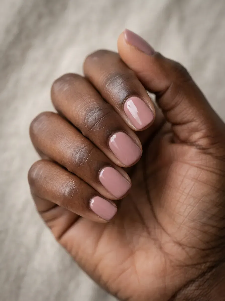 Close up of short squoval nails with dusty rose cream polish on rich dark skin