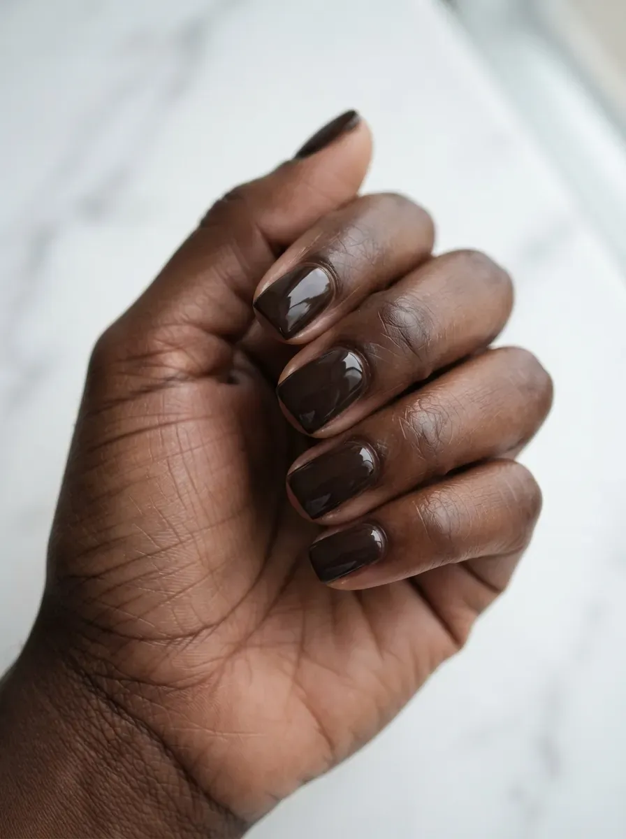 Close-up of short square nails in glossy espresso brown polish on rich dark skin